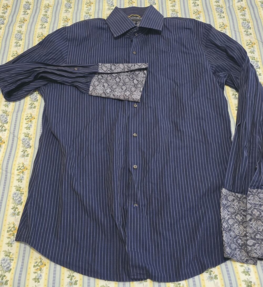 Banana Republic Dress Shirt size Large 16-16.5 French Flip Cuff Striped Blue